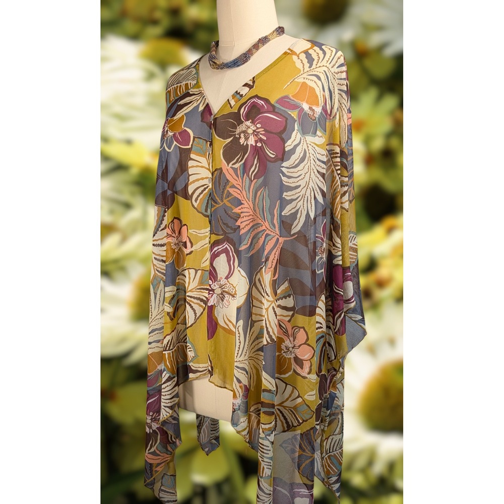 Cha Cha Vente Women 2X Sheer Mesh Tropical Floral Coverup Mustard